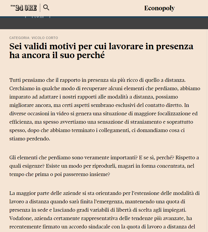 Articolo Sole 24 Ore: Sei validi motivi per cui lavorare in presenza ha ancora il suo perché